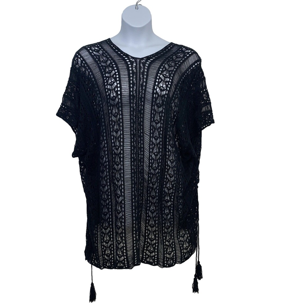 Black Open Loose Knit Sweater Top Woman OS Poncho‎ Boho Whimsy Goth Witchy Beach